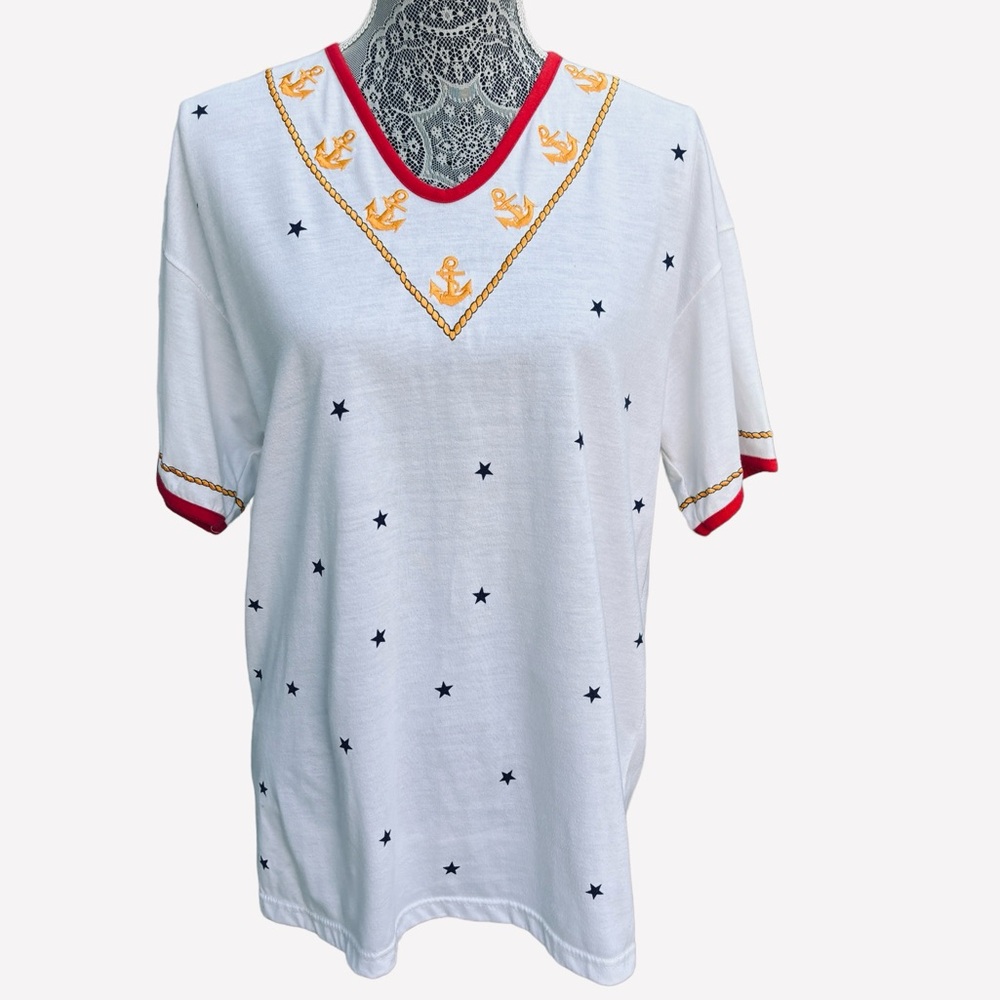 Vintage Karen Scott Women’s M Embroidered V Neck Nautical Top, Anchor Top